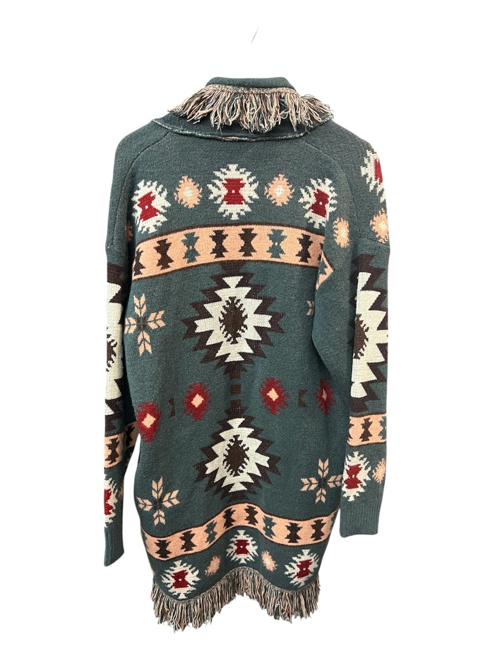 Jodifl Southwestern Fringe Cardigan Duster Large Boho Aztec Open Front Pockets - Picture 3 of 5